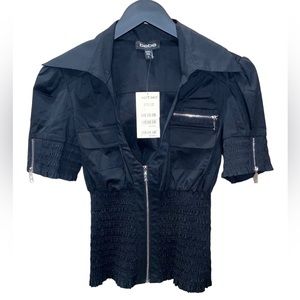bebe NWT smocked zip up top, size small, black, silver hardware